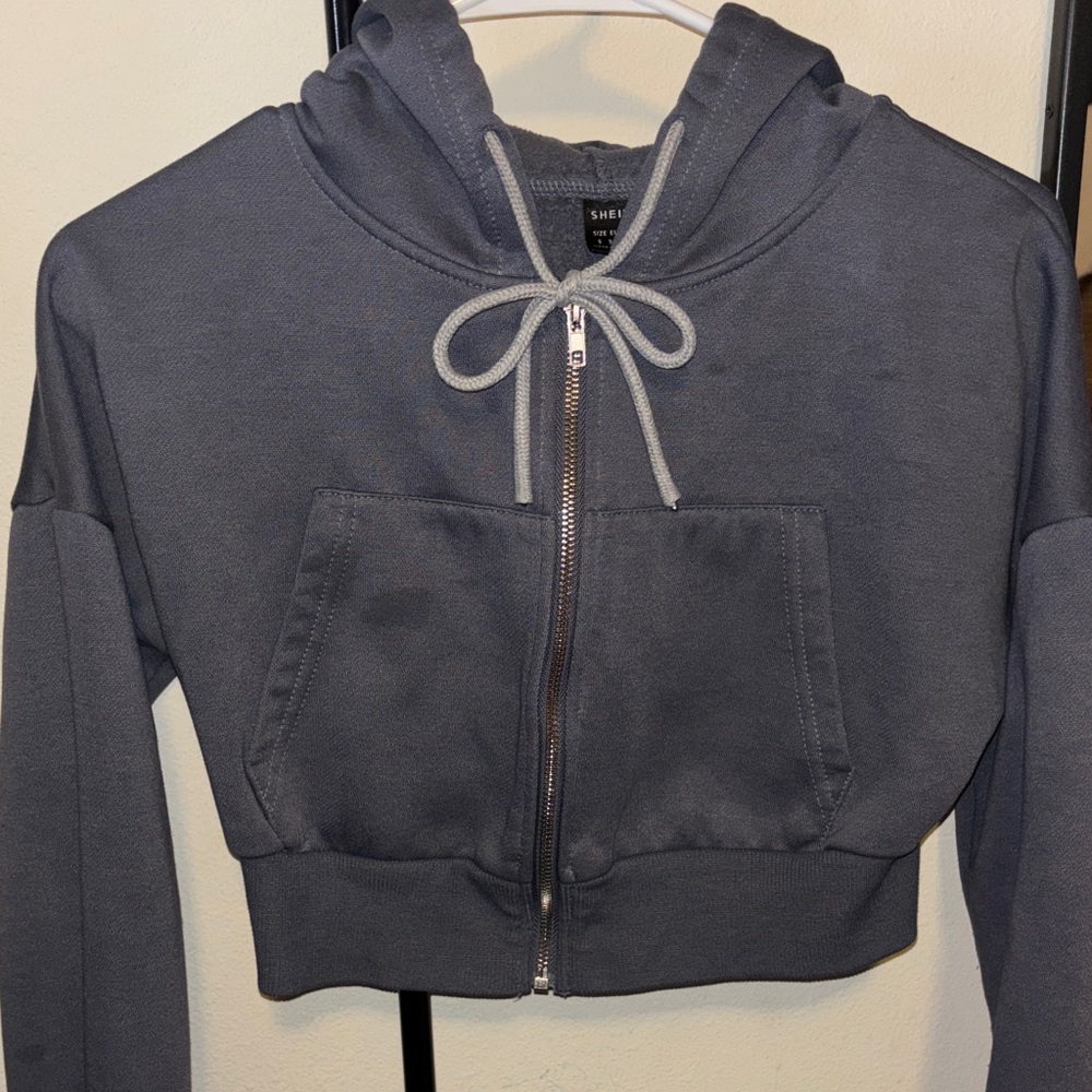 SHEIN EZwear Dark Blue Gray Cropped Zip Up Hoodie Sweatshirt
